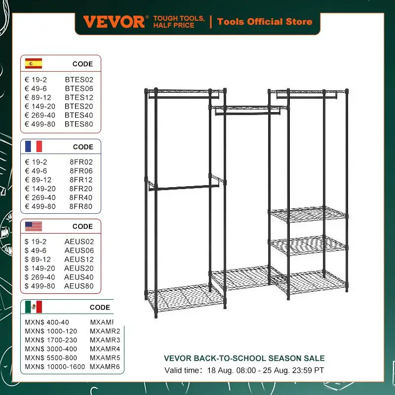 

VEVOR Heavy Duty Clothes Rack Garment Rack W/ 4 Hang Rods & 8 Storage Tiers Adjustable Custom Closet Rack Freestanding Wardrobe