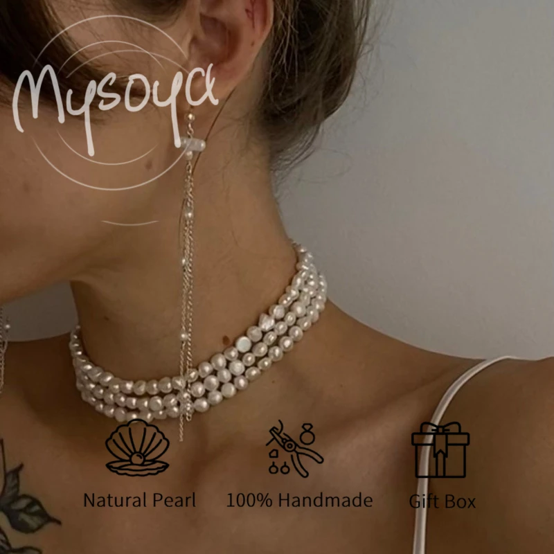 

MYSOYA Three-layer White Baroque Freshwater Pearl Necklace 4-5mm With Gift Box For Her Him For Birthday Valentine's Day Weddings