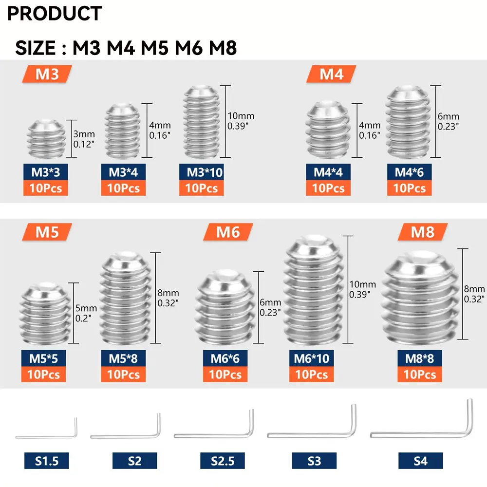 100/200pcs 304 Stainless Steel Allen Head Socket Hex Set Grub Screw Bring a wrench tool Cup Point Assortment for Hardware Tools
