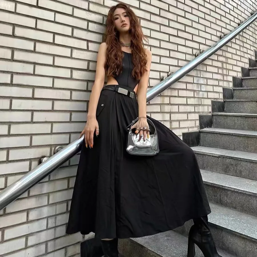 

High Street Hot Girl Black Patchwork Waist-Baring Dress for Women 2024 New Retro Women's Mopping One-Piece Mid-length Dresses