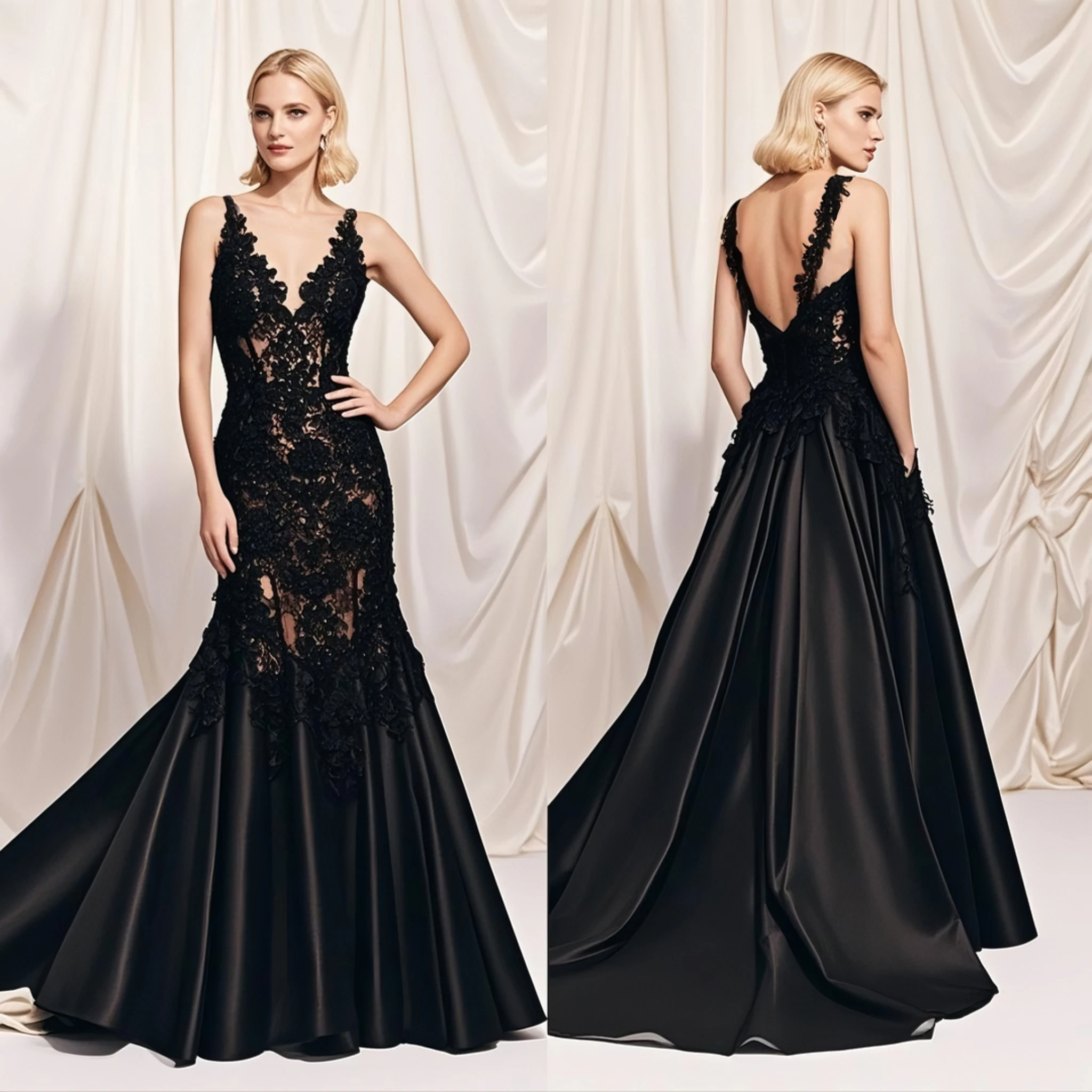 นางเงือก/ทรัมเป็ตElegantลูกไม้สีดําซาตินงานแต่งงานชุดVคอAppliquesเซ็กซี่ชุดราตรียาวชุด 2025 ฟรีที่กําหนดเอง