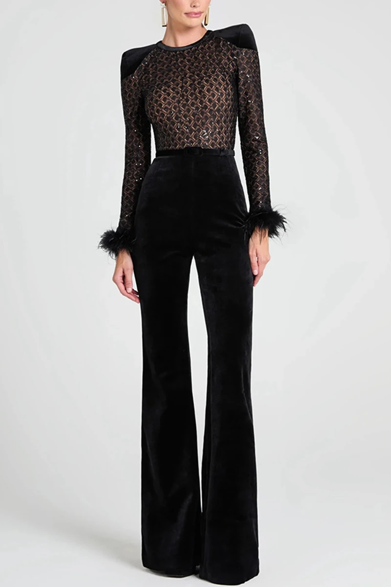 Stylish Lady Velour Fur Patchwork Jumpsuits 2025 Autumn Women Long Sleeve O Neck Bodycon Elegant OL Black Wide Leg Overalls