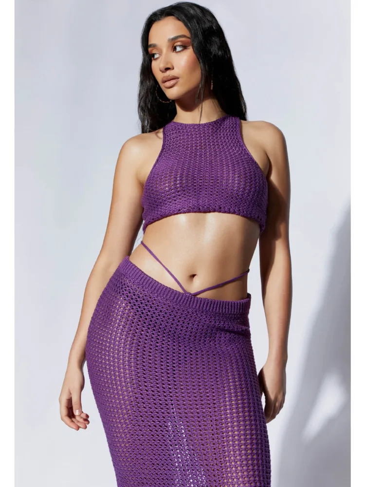 

Articat Elegant Knitted Sweater Set Women New 2025 Summer Strap Sleeveless Tank Top Half Skirt Two Piece Set Sexy Holiday Beach