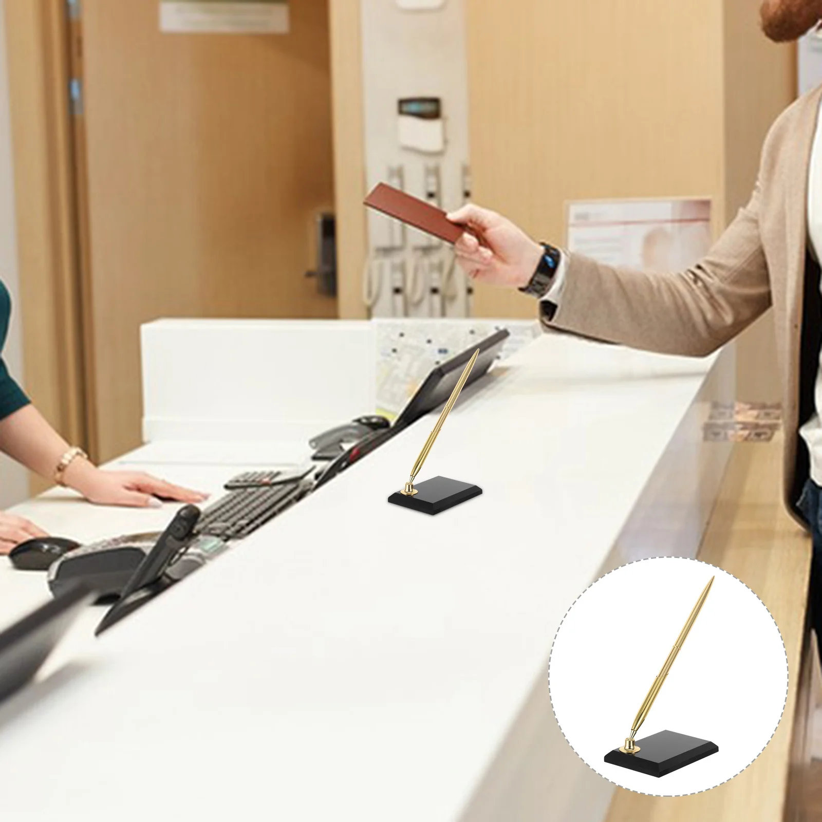 

Business Desk Pen with Base Metal Ballpoint Stable Standing Signing Pen for Hotel Bank Office Reception Guest Sign in