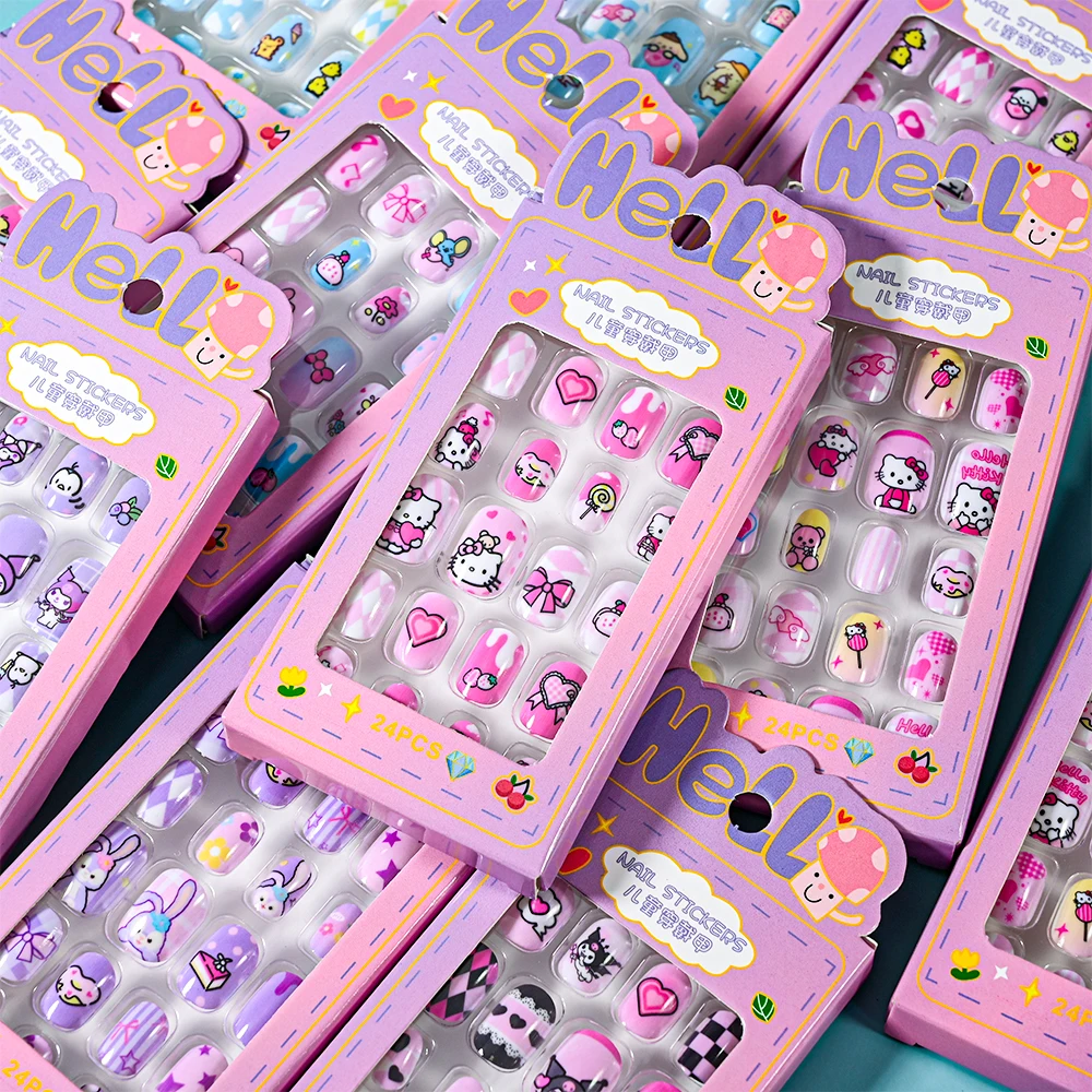 24Pcs/box Kids False Nail Sanrio Hello Kitty & Kuromi Cartoon Press On Nails Kawaii Anime Pattern Fake Nail Christmas Girls Gift