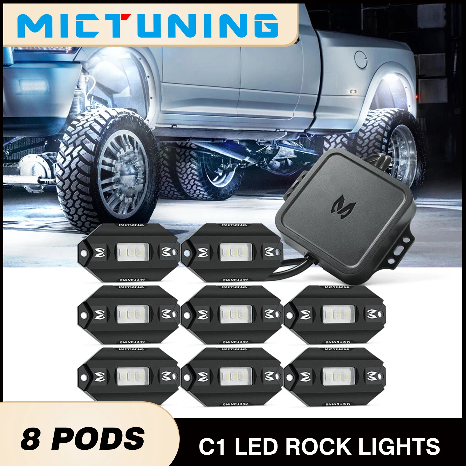 MICTUNING C1 8 Pods RGBW LED Rock Lights With Wirless Remote Controlled App,Music Mode Underglow Neon Light Kit For Car Boat