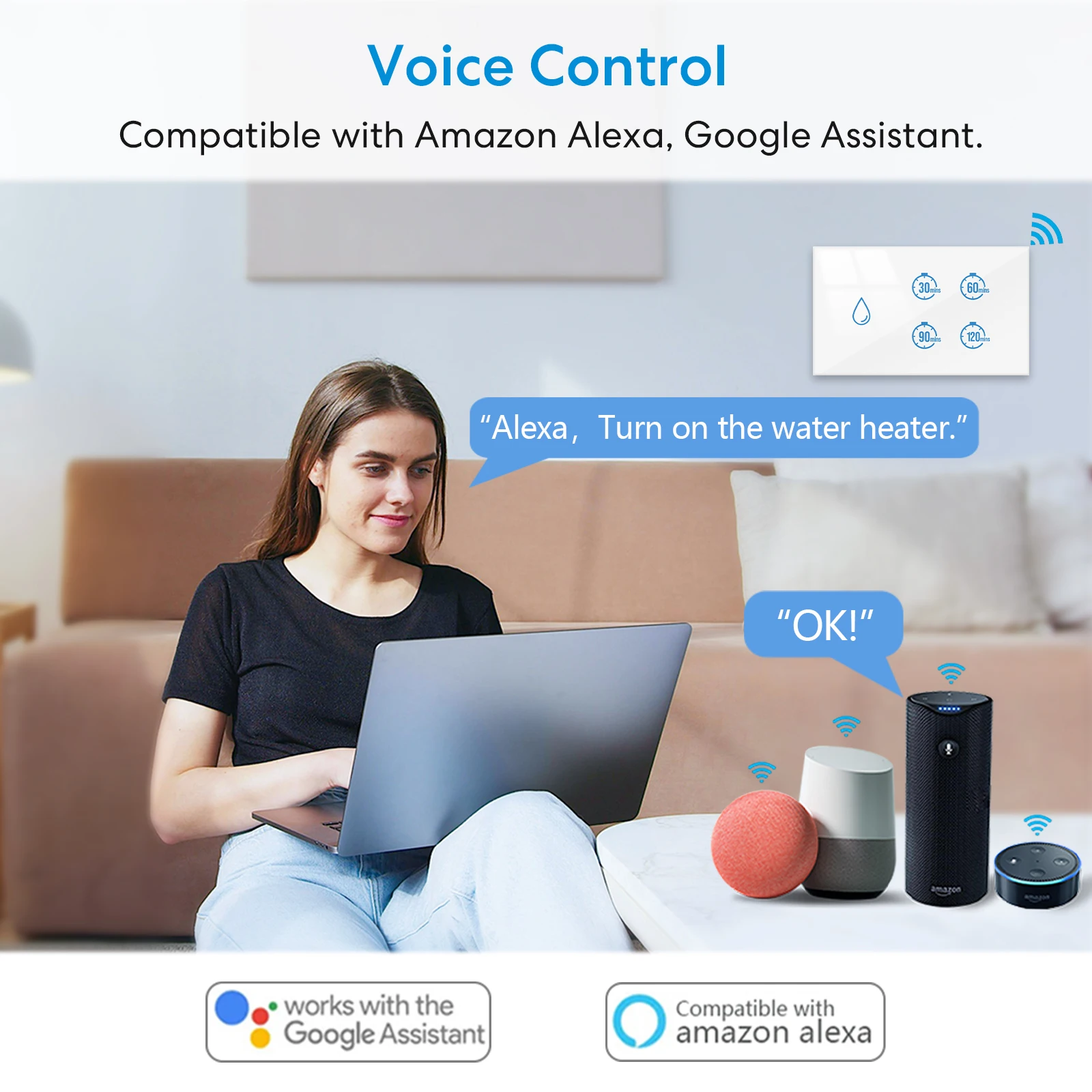 RiooCubee Tuya Smart Life 20A Boiler Water Heater Touch Panel Switch Countdown Remote Control Timer Google Assistant Alexa