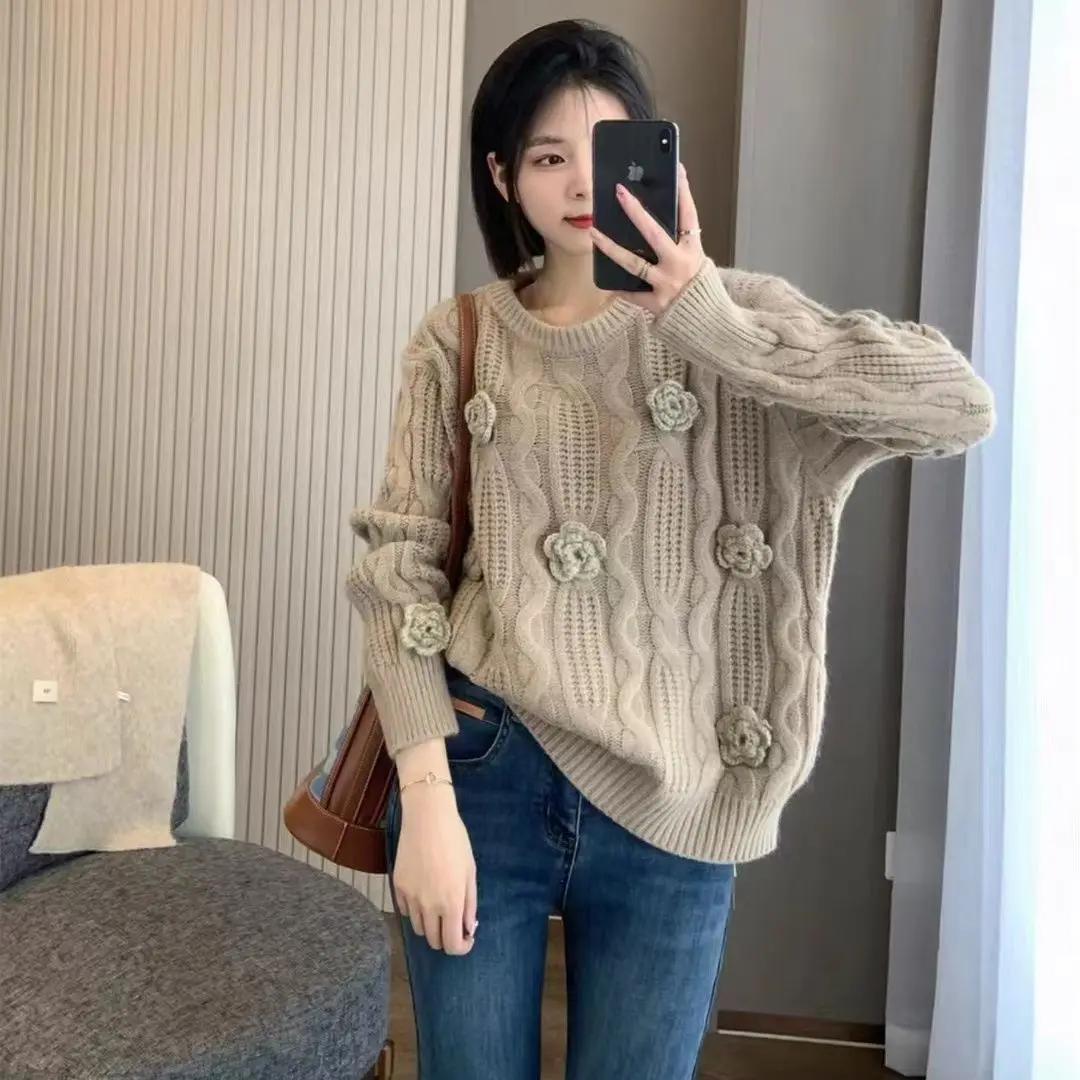 Autumn Womens Embroidered Flower Twists Pattern Knitting Pullover Sweater
