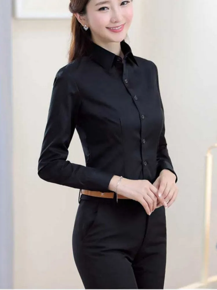 Moda feminina camisa branca feminina de manga longa camisa profissional vestido formal grande tamanho roupas de trabalho ol botão das mulheres topos