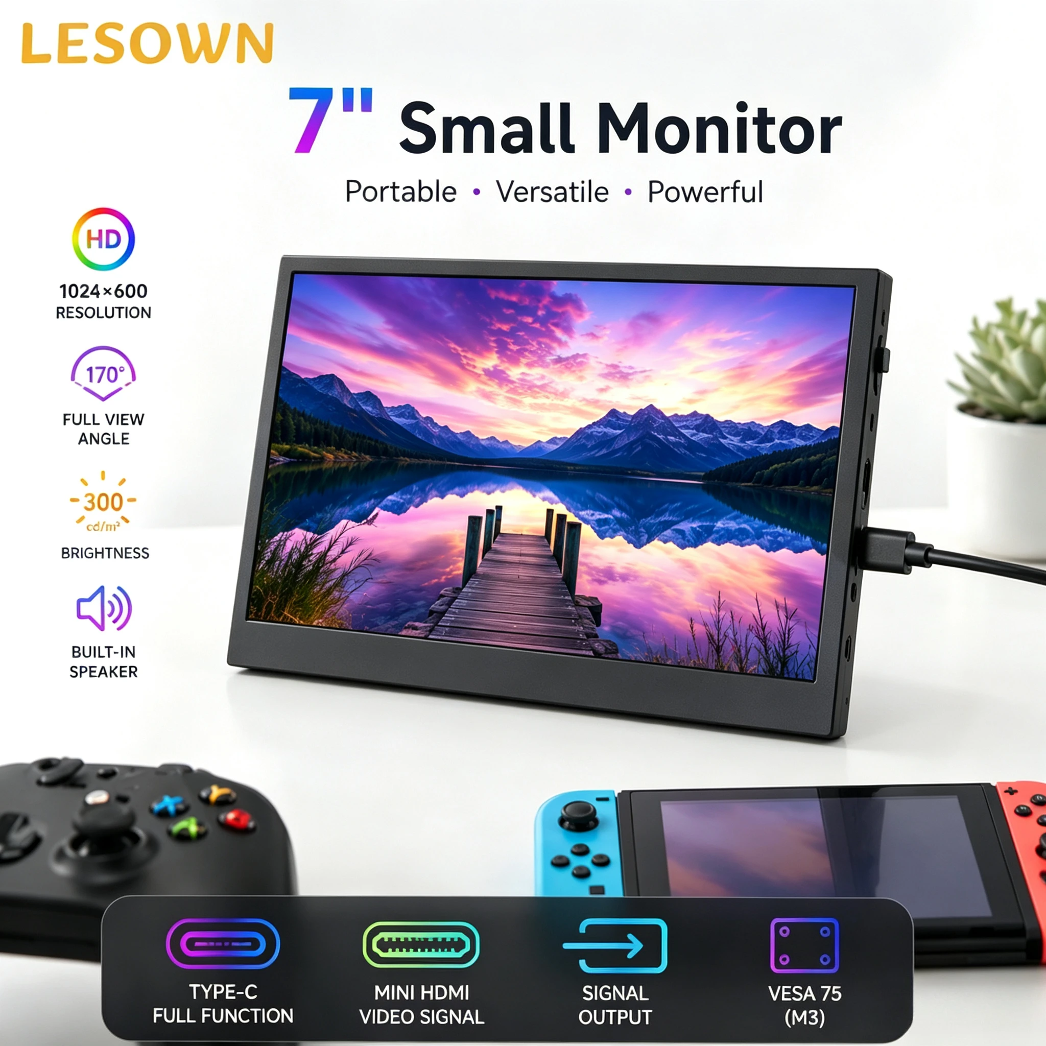 LESOWN 7.0" Aluminum PC Status Monitor 1024x600 External Display Type-C Connection for Custom Loop Gaming Computer