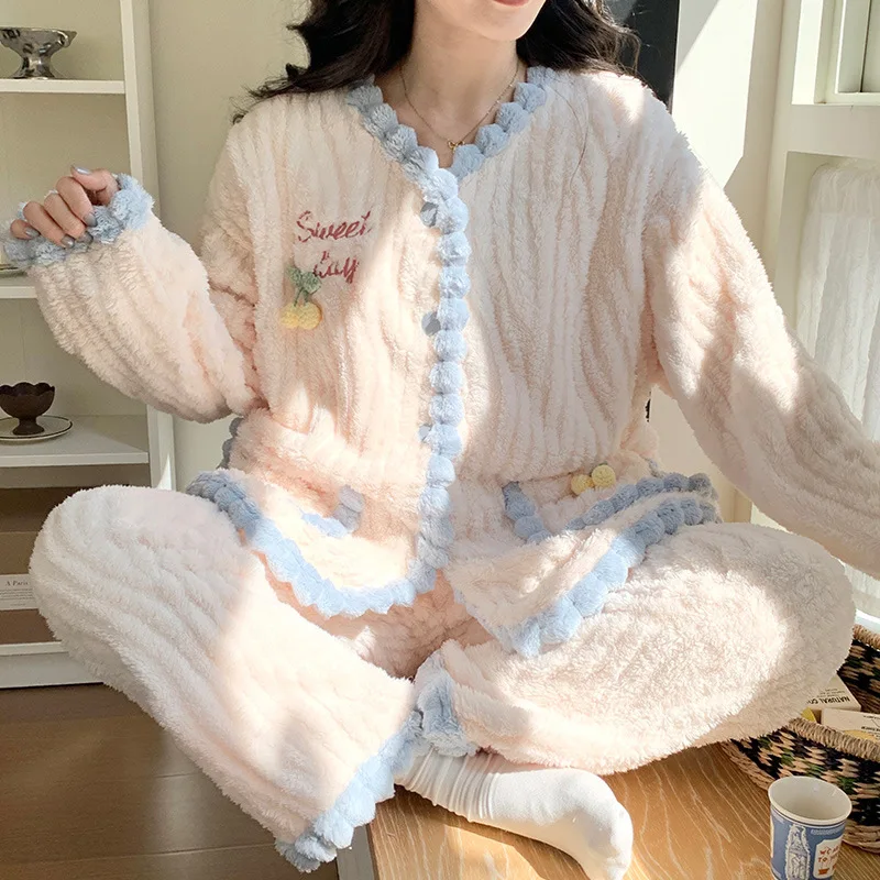 

Женский пижамный комплект, осенне-зимний теплый утепленный пижамный комплект на флисовой подкладке, удобная домашняя одежда, уютная одежда для дома, ночное белье