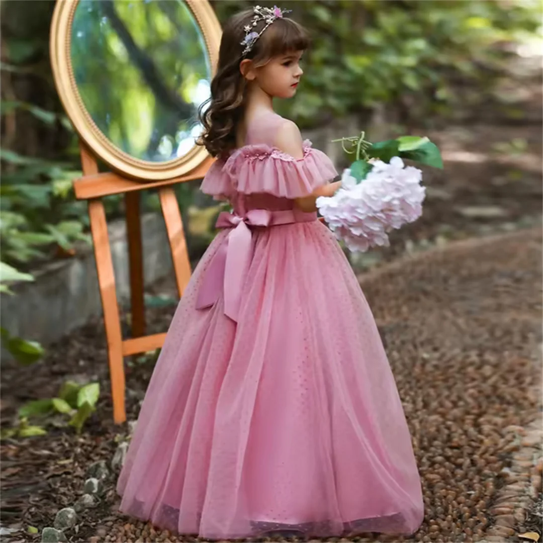 2025  Pink Angel Tulle Lace Transparent Flower Girl Dress Princess First Communion Dresses Kids Surprise Birthday