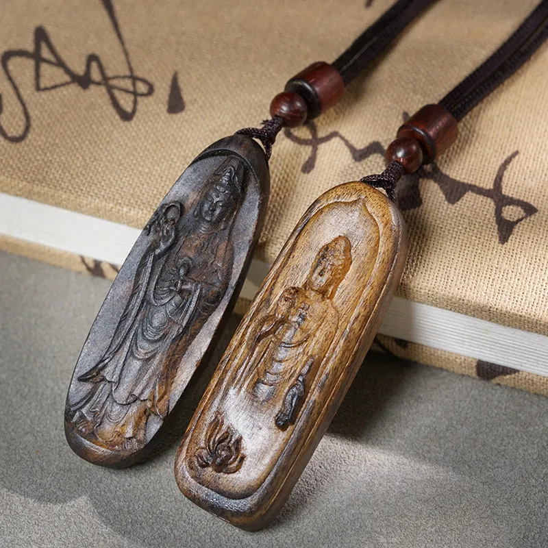 

Eaglewood Sakyamuni Pendant Couple Necklace Guanyin Peace Tag Wood Carved Buddha Charm for Car and Wear Gifts