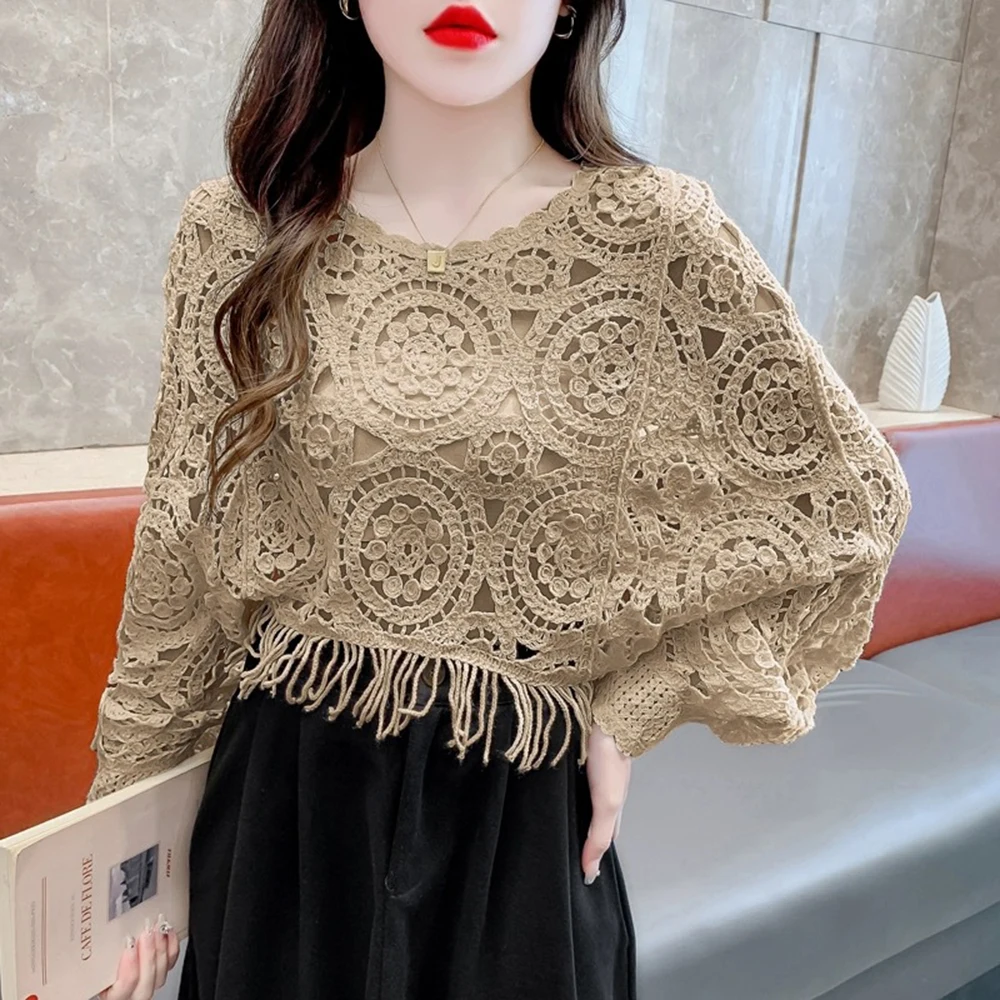 Women Solid Color Knitted Smock Bat Sleeve Long Sleeved Hollow Out Short Pullover Versatile Tassels Ethnic Style Sweater