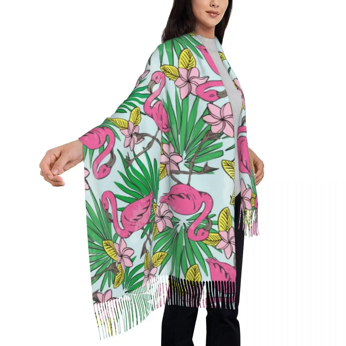 Personalized Printed Tropical Flower And Flamingo Long Pile Fringe Men Scarf Women'S Anti Chill 