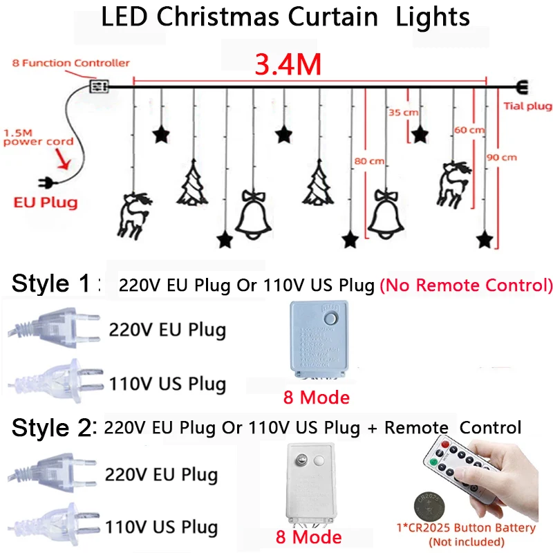 Christmas Fairy Curtain String Lights 3.4M LED Star Deer 220V 110V Garland Festoon For Xmas Tree New Year Navidad Party Decor