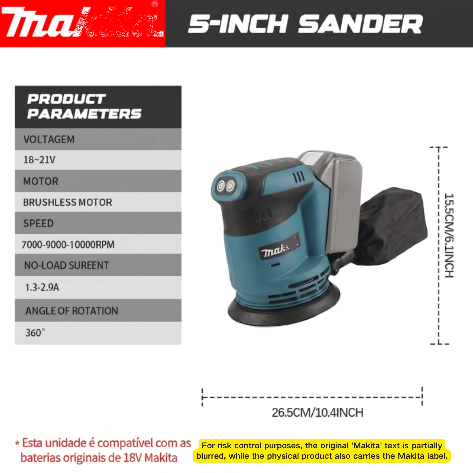 Makita DBO180Z 18V Cordless Random Orbital Sander for Woodworking And Putty Polishing Bare Tool for DIY And Professional Use