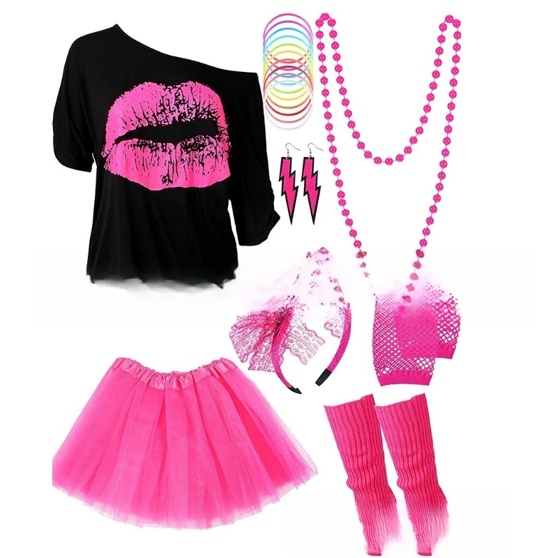 

Комплект неоновых аксессуаров для вечеринок 80-х годов — ожерелье, кружевная повязка на голову с бантом, серьги-молния и тюлевая юбка