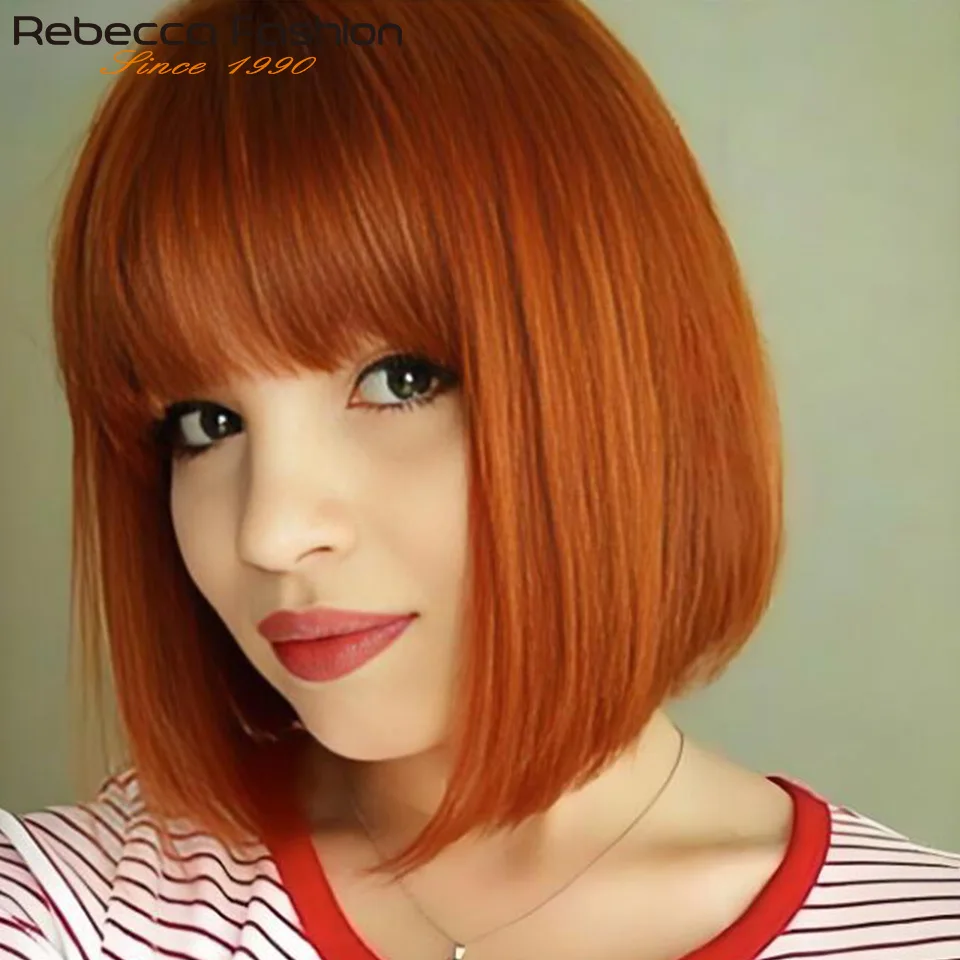

Короткий парик-каре из натуральных волос Ginger Orange Straight Bob 99J P4/30, окрашенный, с челкой, полностью машинной работы, готовый к носке