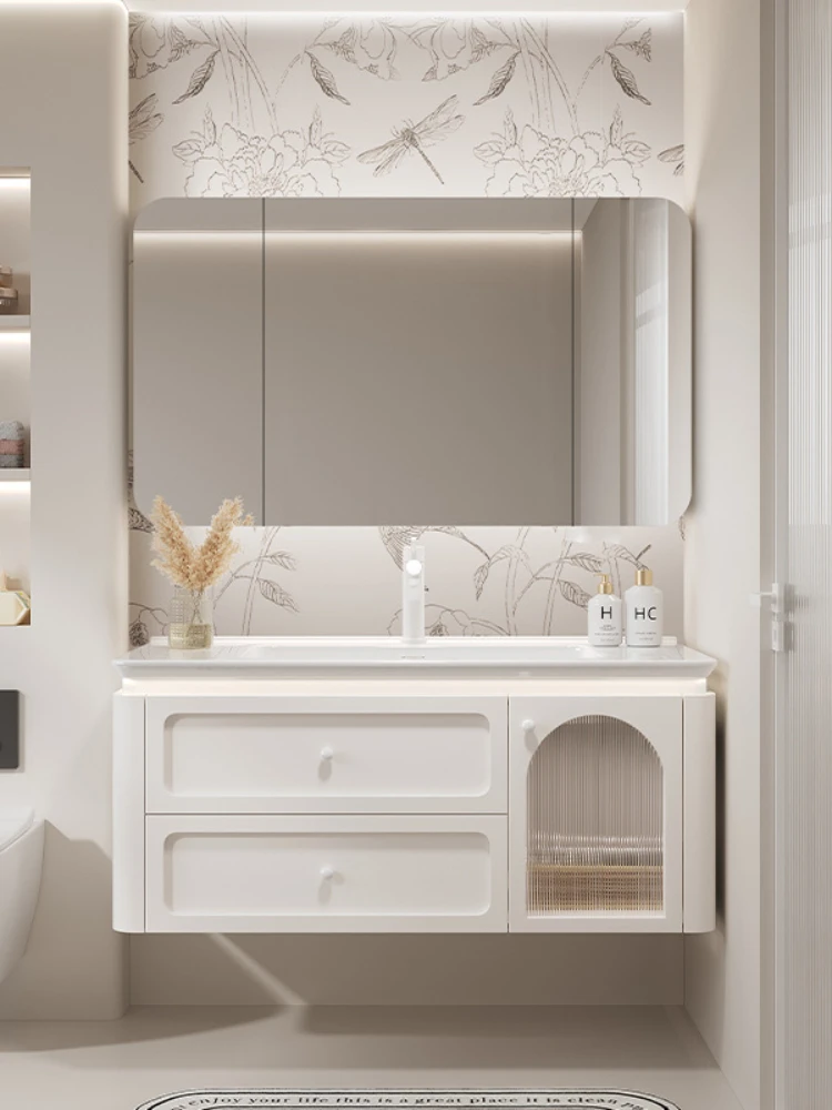 

Light French cream wind bathroom cabinet combined with ceramic integrated basin oak bathroom washstand washbasin washbasin