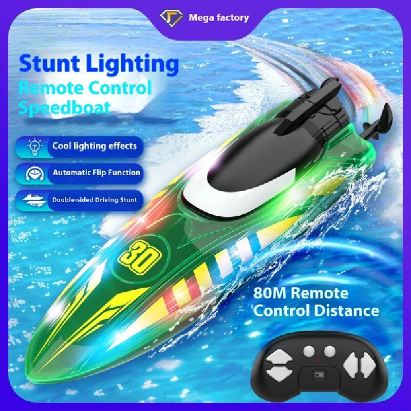 

RC Boat, Waterproof Remote Control Toy with Stunt Double-Sided Driving & Visual Lighting