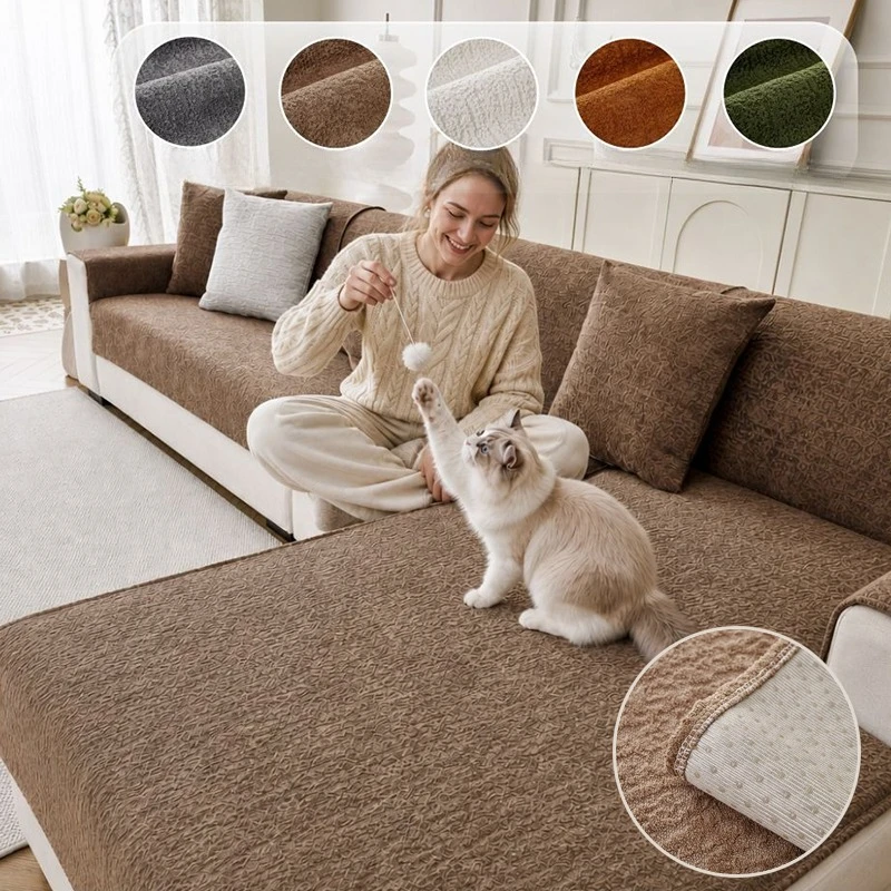 Solid Color Flannel All-Season Universal Sofa Cushion,Pet-Friendly,Non-Slip and Breathable,for LivingRoom and Bedroom Decoration