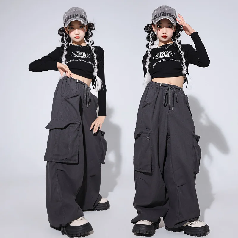 Kid's Hip-hop Jazz Dance Costume BlackPrint Pullover Short Top Loose Large Pocket Workwear Pants Girls Boys Jazz Dance Suit