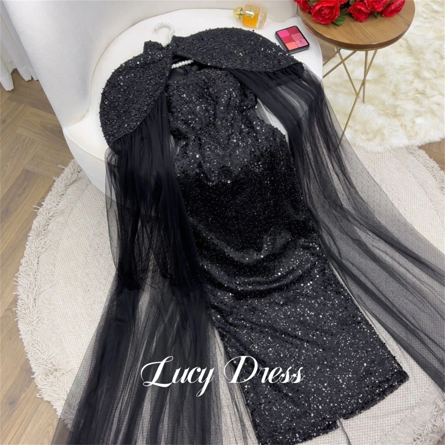 Evening Dress Shawl Grace Black Eid Al-fitr Shiny Mesh Luxurious Gala Dresses Prom Sharon Happy Elegant Women Long Customized