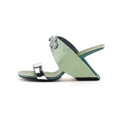 Green Women Slippers Double Strap Summer Beach Flip Flops Rhinestone Buckle Black Fretwork High Heels Slides Lady Sandalias