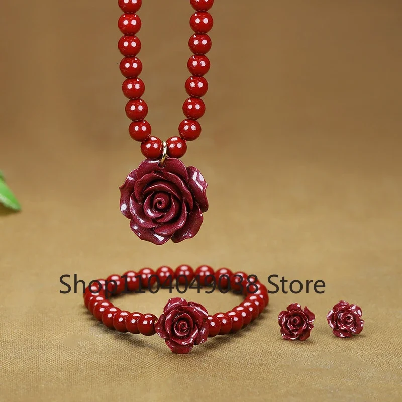 Natural High Content Purple Gold Sand Hand Beaded Rose Pendant Bracelet Earrings Three Sets of Charm Best-selling Female Gifts