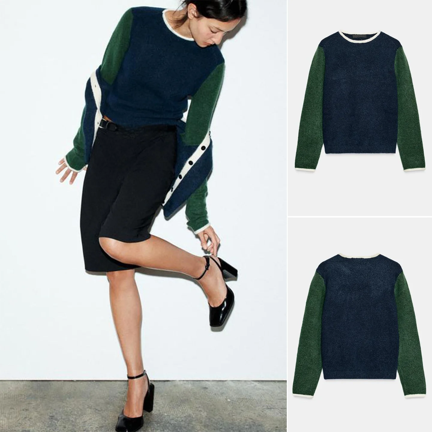 

New Autumn Women's Lazy Sle Color Blo round Ne Long Sve Knitted Top French Sle Loose Fit Soft Polyester Fiber