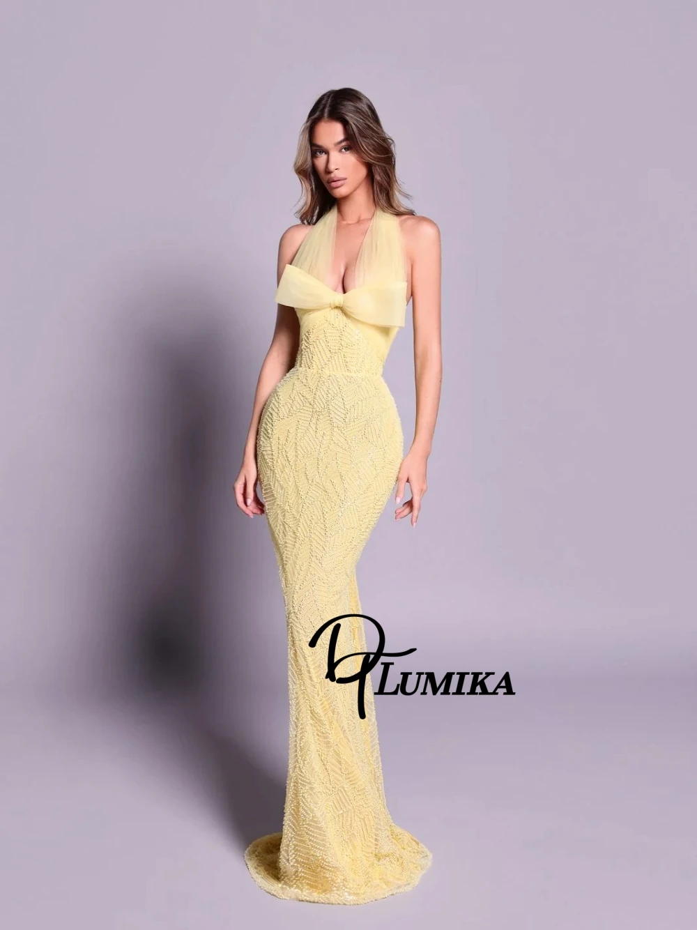 

Yellow Beading Sexy Halter Evening Dress Fashionable Bodycon Fit Prom Nights Wear Customized Dainty Dazzling Cocktail Gown