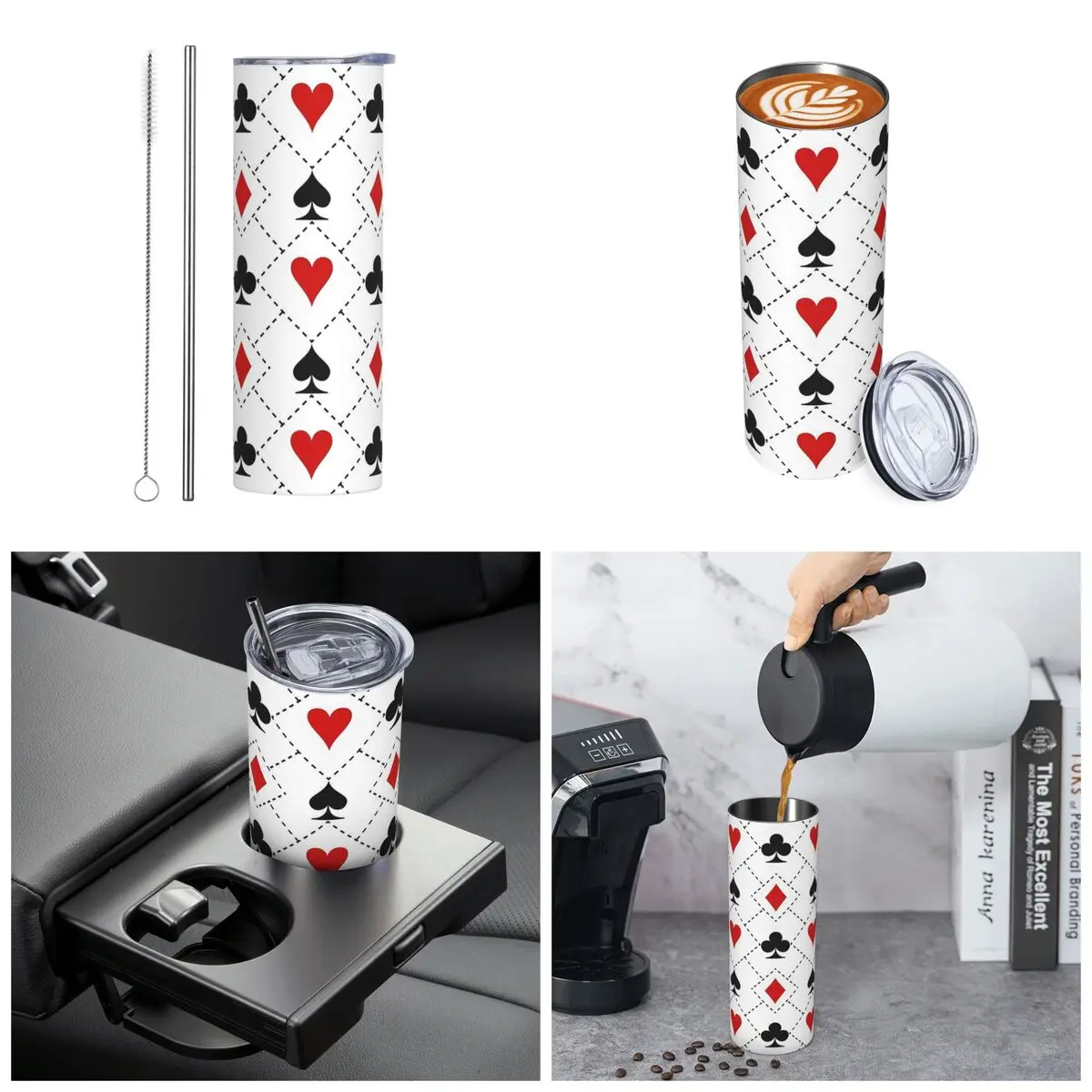 Playing Cards Suit Symbols Pattern Stainless Steel Tumbler Vacuum Insulated Mug Thermal Cold Cups Straw With Lid 20oz