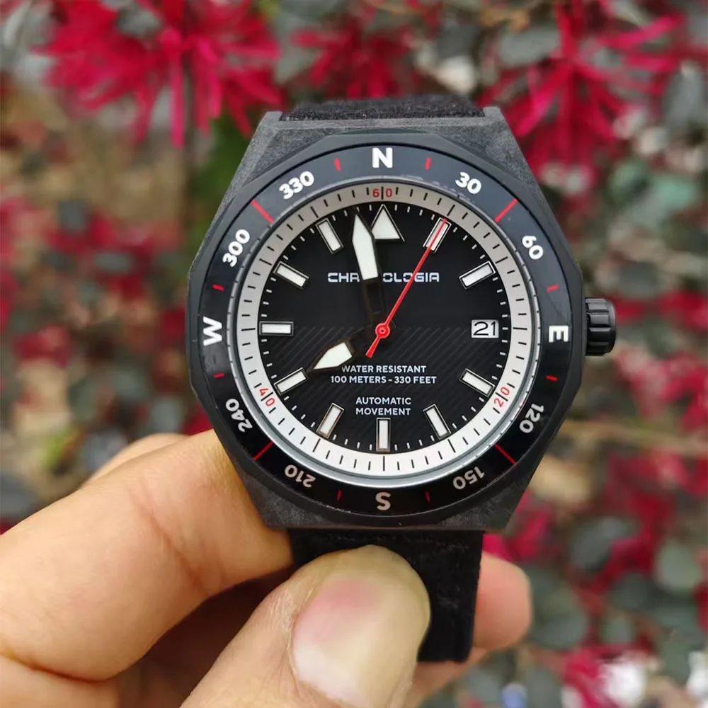 43mm Carbon Fiber Watch for Men Automatic Sports Mechanical 100m Waterproof Wrist Watches Luminous Calendar Center-seconds Clock