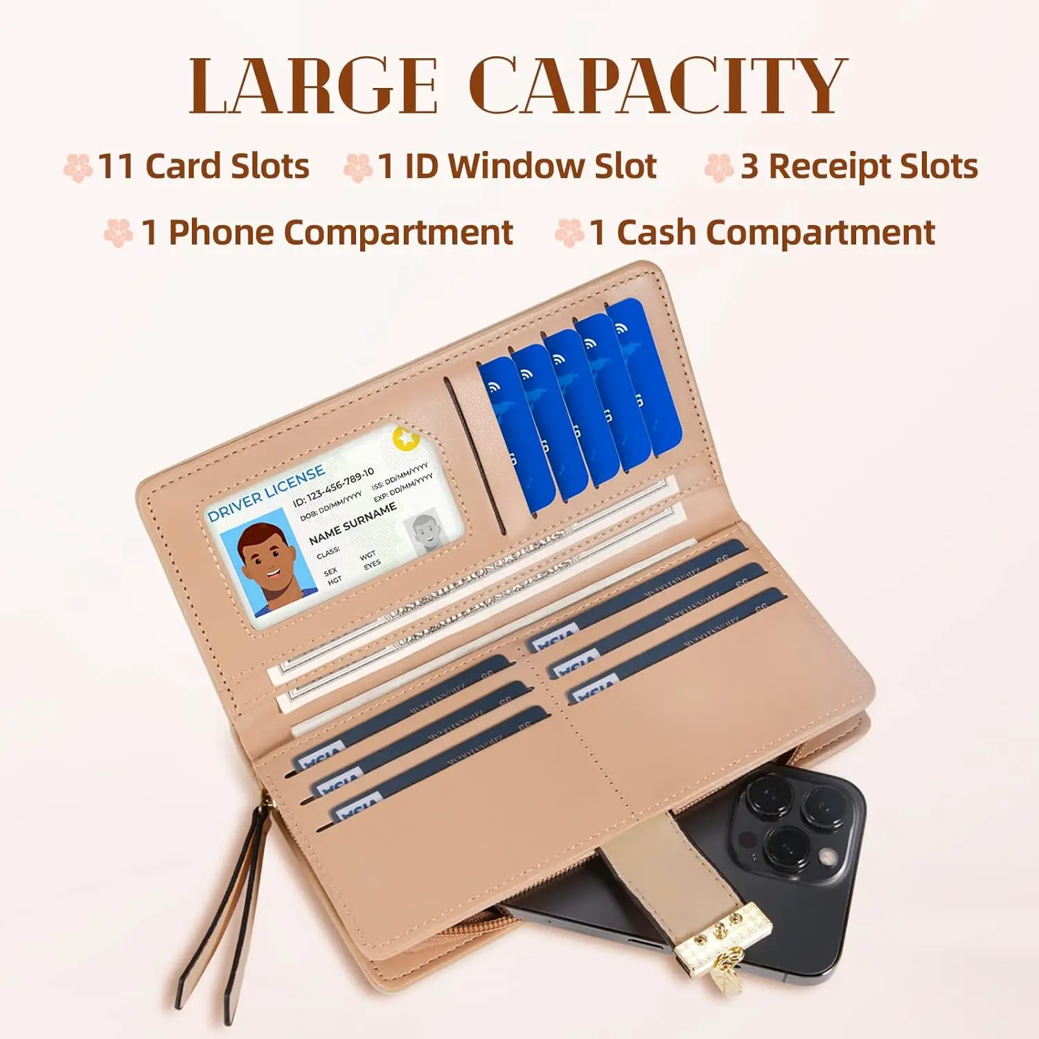 Women's Long Leaf Bifold Wallet Leather Card Holder Purse Zipper Buckle Elegant Clutch Wallet Handbag for Women
