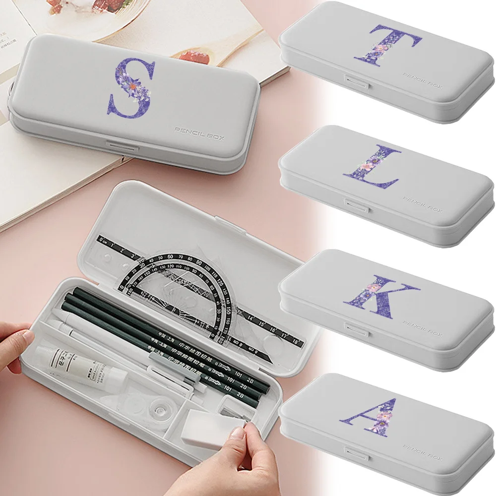 

Plastic Desk Storage Case Portable Student Stationery Organizer For Pencils Rulers School Supplies Purple Flower Letter Pattern