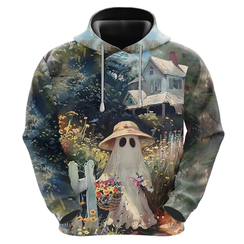 3D-Druck Lustige gruselige Halloween-Kapuzenpullover für Männer Niedliches Geister-Grafik-Sweatshirt Lässige lose Pullover Tops Unisex Hoody Streetwear