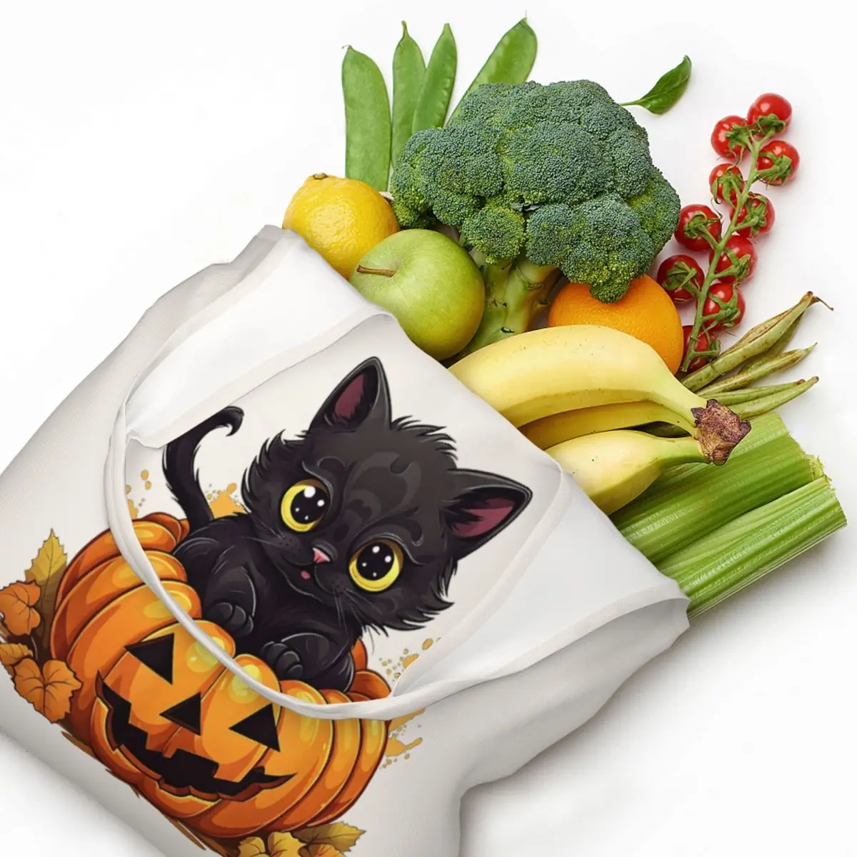 

Adorable Halloween Kitty Funny Halloween Print Cotton Tote Bag - Casual Commuter Shoulder Bag for Grocery Shopping