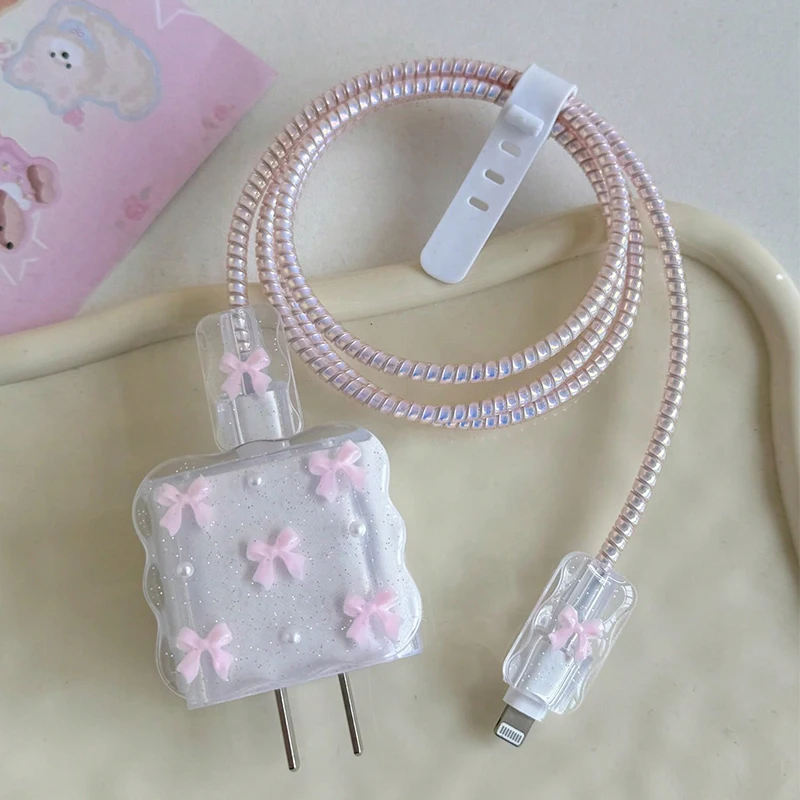 Transparent Pink 3D Bowknot Cellphone Charger Protective Case Sleeve for Apple IPhone 18/20W Laser Cable Winder Wire Protectors view 2