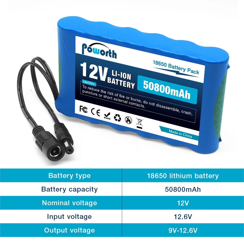 12,6V 50,8Ah dobíjecí lithium-iontová baterie NOVÁ přenosná Super 12V 50800mah baterie s kapacitou DC CCTV kamera + nabíječka - náhled 5