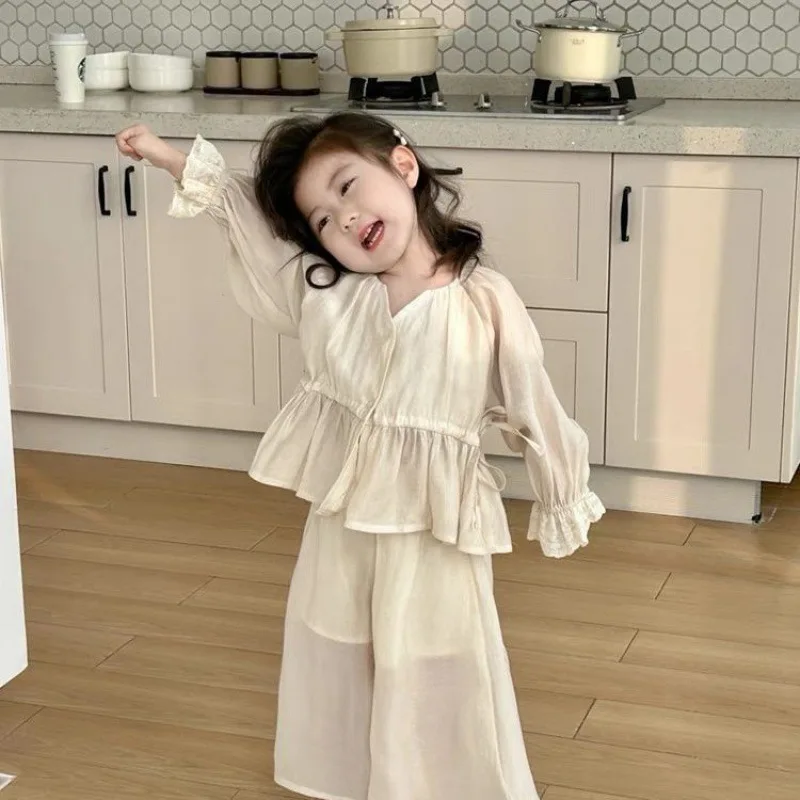 2024 Spring and Autumn Set Children Korean Edition Baby Girl Two-piece Set Casual Simple Solid Loose Elegant Fashion