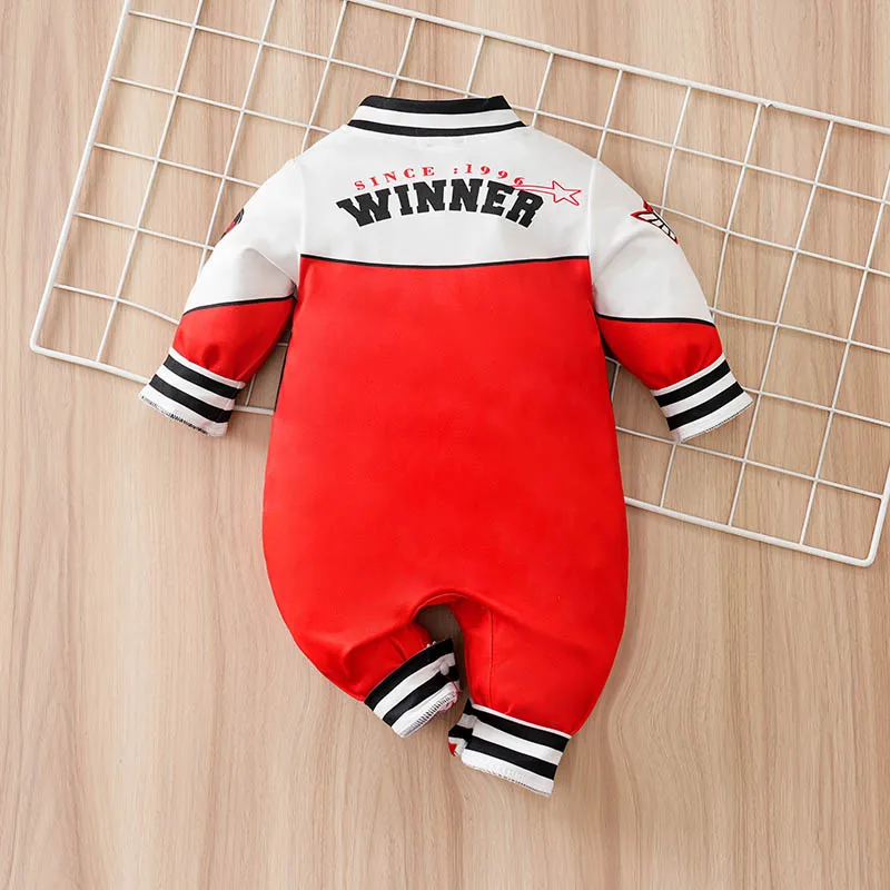 Newborn Infant Boy Baseball Collar Romper Racing Letter Print Color Block Long Sleeve Sport Jumpsuit