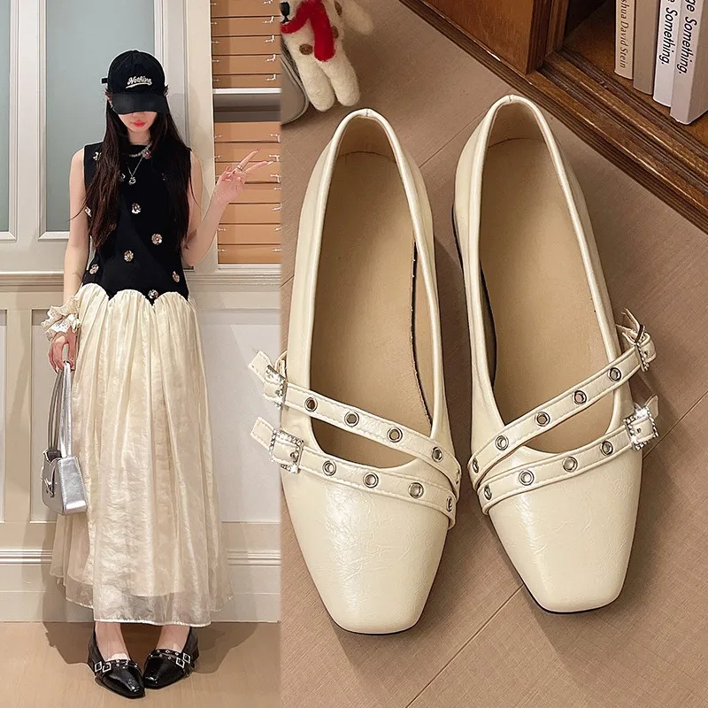 

Summer New French-Style Vintage Studded Square-Toe Mary Jane Shoes for Women with Metal Buckle, Shallow-Depth Commuter Flats