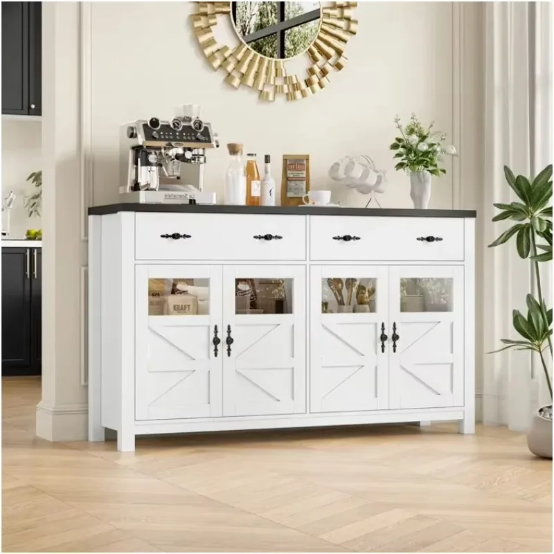 #x 55'' Sideboard with 4 Glass Doors, 2 Large Drawers and Adjustable Shelves wooden white buffet cabinet