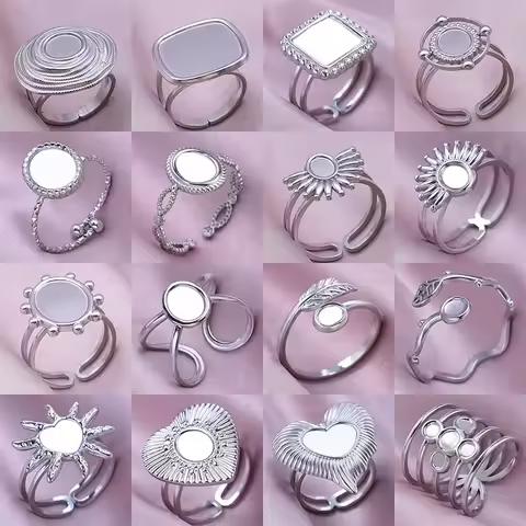 DIY Cobochons Silver Color Ring Open Adjustable Stainless Steel Heart Sun Leaf Rings For Women Men Accessories Handmade Supplies