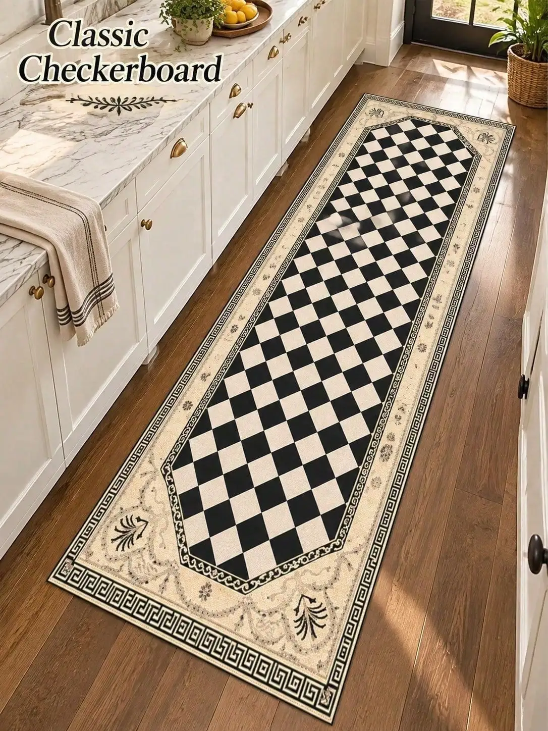Checkerboard Aisle Runners Border Runner Rugs Long Carpet Hallway Dressing Bedroom Entryway Kitchen Corridor Foyer Passage Floor Mat Home Decor Indoor Outdoor Washable Nonslip Rectangle Dining Room Gift Family Birthday Anniversary Housewarming