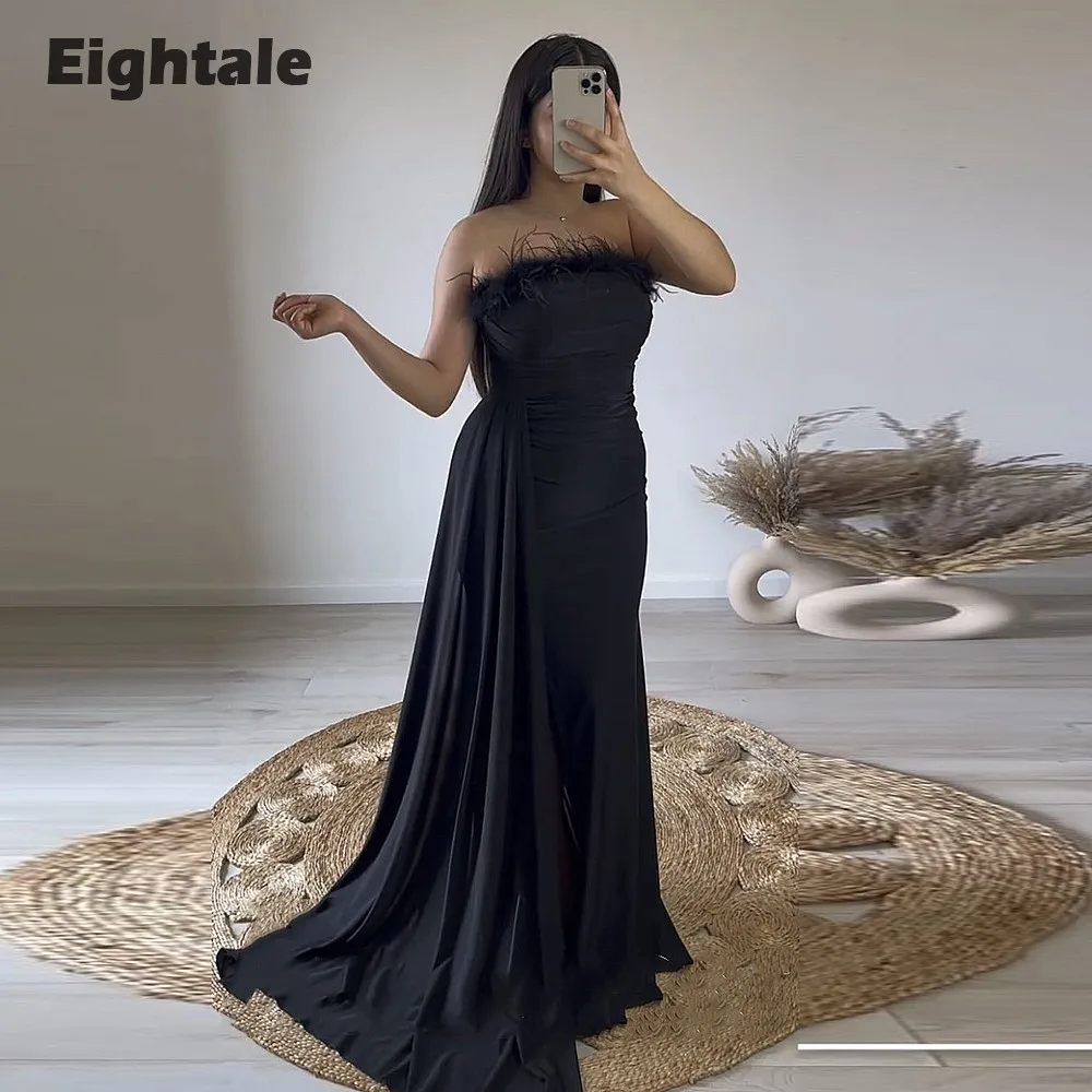 

Eightale Arabic Evening Dresses Feather Strapless Black Satin Mermaid Prom Party Gowns Formal Occasion Vestido Feminino