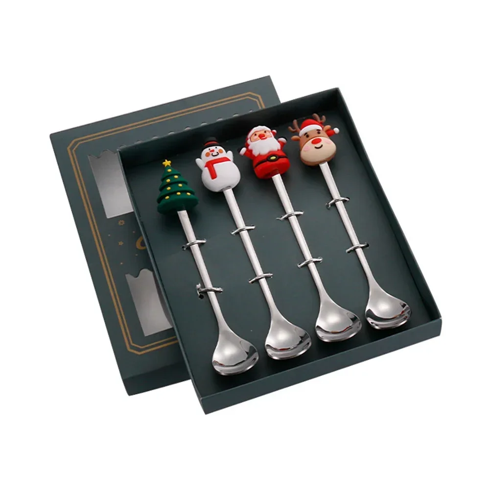 4PC Christmas Stainless Steel Tea Spoon New Year Elk Christmas Tree Decoration Dessert Scoop Fruit Fork Coffee Spoon Cutlery Set