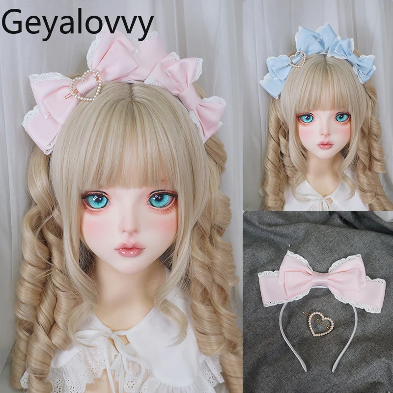 

Handmade Japanese Girl Pink Blue Lace Bow KC Headband Sweet Princess Love Versatile Lolita Clips Headgear Hair Bow Accessories