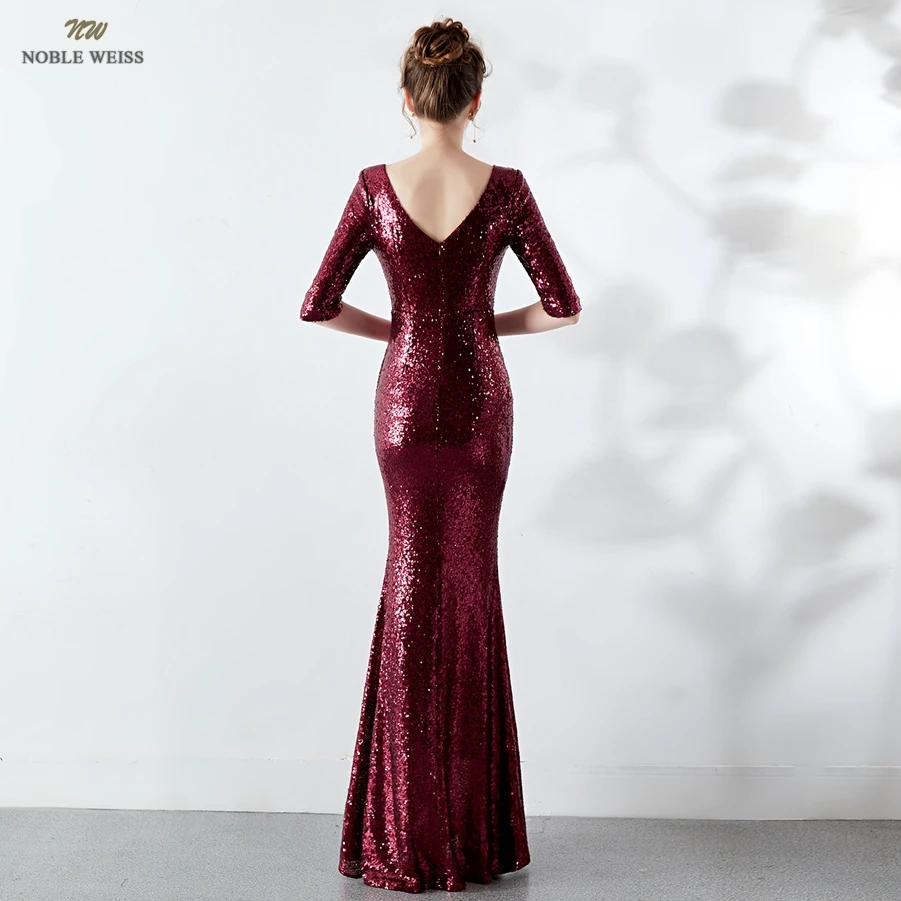 Long Evening Dresses Sequined Mermaid Evening Gowns Sexy V-Neck Women Formal Dresses With Half Sleeves Customized